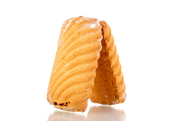 Two homemade cookies with jam, close-up, isolated on white.