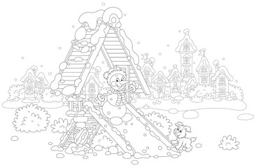 Merry toy snowman playing with a cute puppy on a toy slide on a snow-covered playground in a winter park of a pretty small town on a beautiful snowy day, black and white vector cartoon