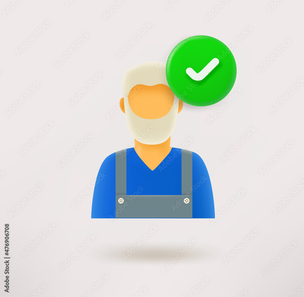 Aufkleber Old worker icon with checkmark. 3d vector icon