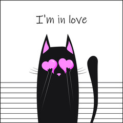 Black Cat Vector Design with heart. Illustration for valentine's day. Love phrases. I am in Love.