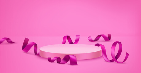 Pink room with podium and ribbons. Template for design. Vector 3d illustration