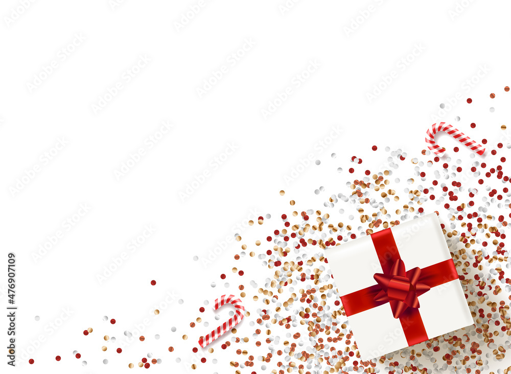Poster White gift box with red bow on a table with confetti. 3d vector flat lay banner