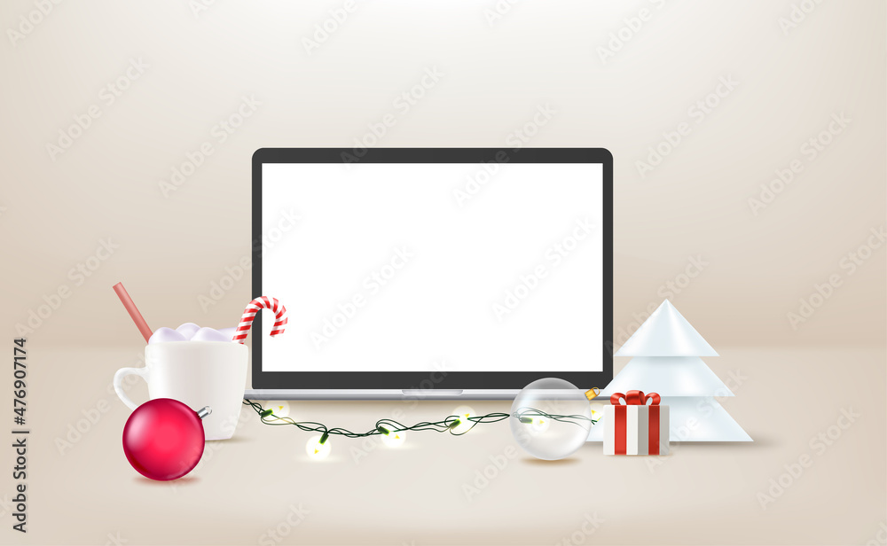 Poster Modern laptop with blank screen on a table with crhistmas decorations. 3d vector banner with copy space