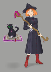 The character design of a young potion witch and her four-eyed black cat.