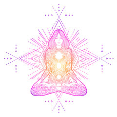 Sacred Geometry and Boo symbol set. Ayurveda sign of harmony and balance. Tattoo design, yoga logo. poster, t-shirt textile. Colorful rainbow gradient over black.