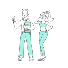 People in the office_ fitness trainer with hand ok and girl athlete_ line_flat © Liudmyla Taranenko