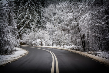 Highway With Snow In Transylvania, Romania. Roads In The Middle Of Nature Surrounded By Trees And Snow-Covered Pine Trees.