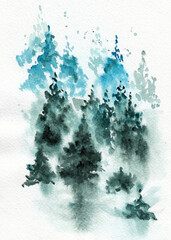 Stylized forest landscape with firs and fog. Hand drawn watercolors on paper textures