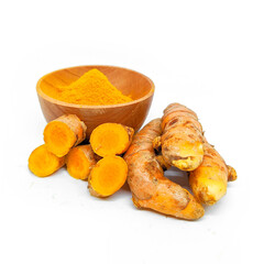Fresh turmeric or curcuma in a wooden bowl isolated on a white background