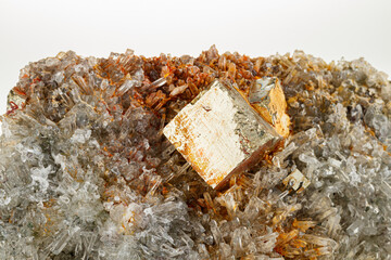 macro mineral stone Quartz Pyrite on a white background