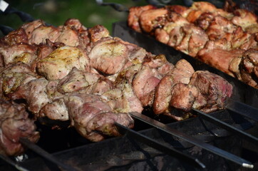 Delicious vegetable and meat skewer on grill