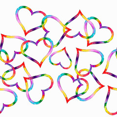 Border rainbow hearts. Seamless border 
of watercolor hearts on a white
 background. Pattern , Valentine's day
 greeting card.