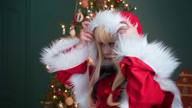 New Year's elf. Posing for the photographer. New Year theme