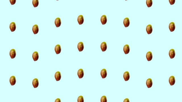 Colorful fruit pattern of fresh mango on blue background. Seamless pattern with mango. Realistic animation. 4K video motion