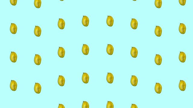 Colorful fruit pattern of fresh mango on blue background. Seamless pattern with mango. Realistic animation. 4K video motion