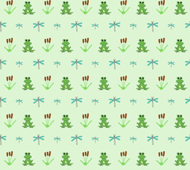 Seamless pattern with cute frogs, dragonfly and reeds on green background. Perfect content for wallpaper, postcards, posters, fabric, napkins and other creative projects.