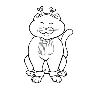 Cat in a tuxedo. The cat is a gentleman. Illustration for children's coloring pages. Vector image isolated on white background.