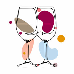 Continuous one simple single line drawing of two wine glasses icon in silhouette on a white background. Linear stylized.