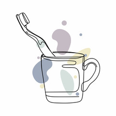 Continuous one simple single line drawing of mug contain a toothbrush icon in silhouette on a white background. Linear stylized.