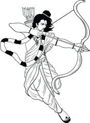 Indian Lord Rama shoots arrows vector illustration. Happy Ram Navami annual Hindu festival greetings. Line art portrait of holy person. Indian lord god rama black and white clip art vector. - obrazy, fototapety, plakaty