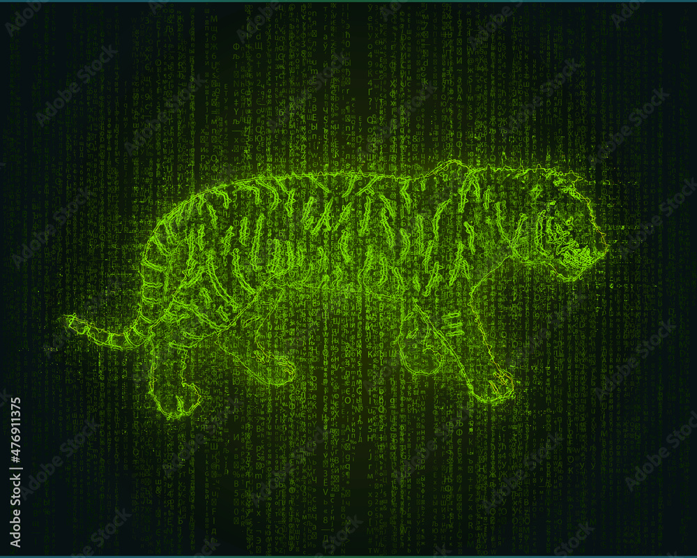 Wall mural A tiger shape on a binary code background.Symbol of the New Year.Data technology background. Abstract digital background.Matrix. Binary code - Wall murals
