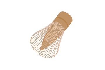 Matcha Brush. Japanese Matcha Green Tea Whisk. Natural Bamboo wooden whisk for matcha green tea preparation. Flat vector illustration for poster, logo for cafe, tea shops