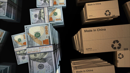 Made in China box and Dollar pack loop 3d illustration