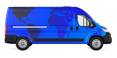 Commercial delivery van with Earth map texture. Global commercial delivery and worldwide freight transportation concept, 3D rendering