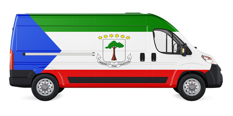 Equatoguinean Guinea flag painted on commercial delivery van. Freight delivery in Equatorial Guinea, concept. 3D rendering