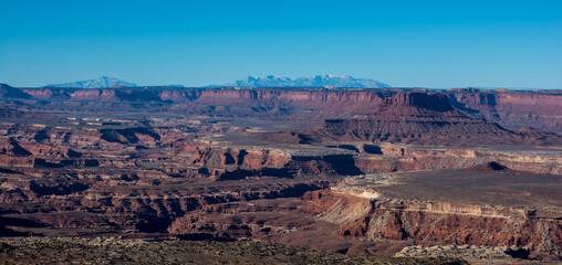 Perspective view to the Maze in the canyonland. mountains on the background