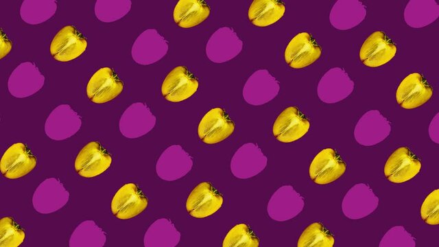 Colorful pattern of fresh orange persimmons on violet background. Top view. Seamless pattern with persimmon sliced. Pop art design. Realistic animation. 4K video motion