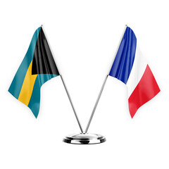 Two table flags isolated on white background 3d illustration, bahamas and france