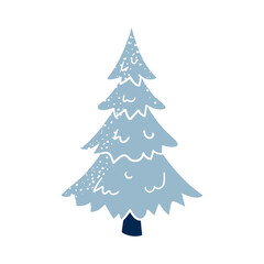 Beautiful cartoon blue pine tree. Winter forest tree icon. Vector illustration isolated on white.