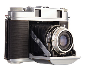 The old vintage soviet film rangefinder camera, released in USSR on white background.