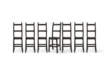 Symbol for oppressive Compulsive Disorder. Pattern of black chairs in a row on a white background. Minimal concept.