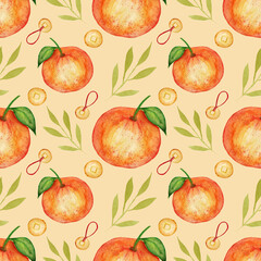 Watercolor pattern in the style of the Chinese New Year. Tangerines, coins and green leaves on a light background.