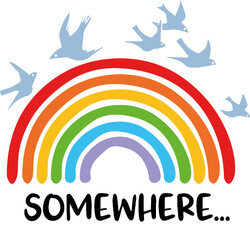 Illustration of rainbow & birds flying in air scenery art somewhere over the mountains photo jpg 