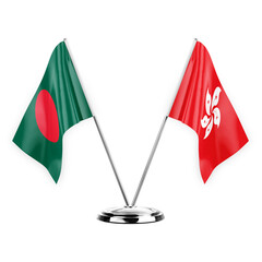 Two table flags isolated on white background 3d illustration, bangladesh and hong kong