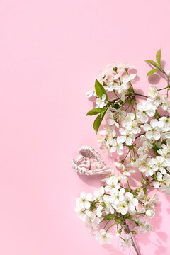 sleeping angel and cherry flowers on pink background. spring season. romantic gentle image. Mother's day, birthday concept. flat lay. copy space
