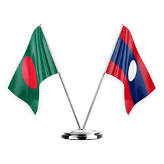 Two table flags isolated on white background 3d illustration, bangladesh and laos