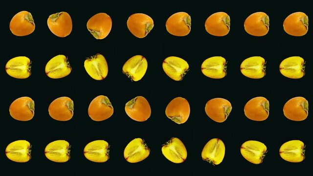 Colorful pattern of fresh orange persimmons on black background. Top view. Seamless pattern with persimmon. Pop art design. Realistic animation. 4K video motion