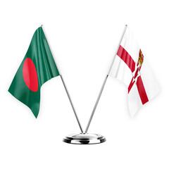 Two table flags isolated on white background 3d illustration, bangladesh and ireland