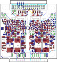 Buntes 6 Lagen Platinendesign. Elektrotechnische Elektronikschaltung mit jeder Menge Kleinsignalbauteilen, wie Widerständen, Kondensatoren, Induktivitäten und ICs. Halbleiterbestückung für Ingenieure.