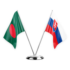 Two table flags isolated on white background 3d illustration, bangladesh and slovakia