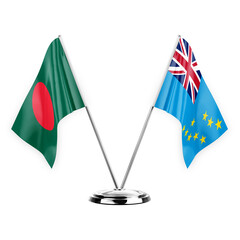 Two table flags isolated on white background 3d illustration, bangladesh and tuvalu