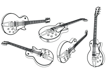 Obraz na płótnie Canvas Classical guitar outline vector illustration. String plucked musical instrument. Blues or rock equipment. Isolated on white background