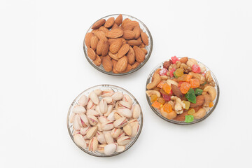Nuts and snacks, a snack for beer on a white solid background.