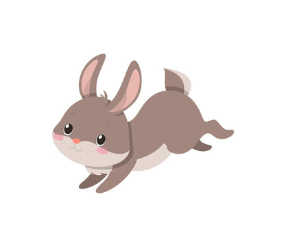 Cute bunny jump. Sticker or badge with rabbit, Stylish pictures for social networks. Nature, fauna and animals. Zoo and wildlife. Cartoon flat vector illustration isolated on white background