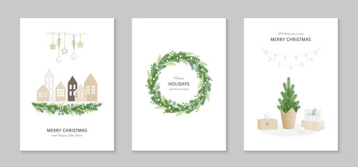 Set of greeting cards Merry Christmas and Happy New Year in Scandinavian style. Wooden houses, a festive wreath with greenery, a small pine tree wrapped in craft paper, gifts.