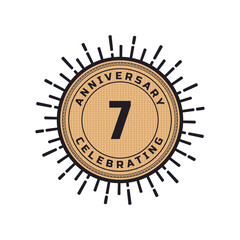 Vintage Retro 7 Year Anniversary Celebration with Firework Color. Happy Anniversary Greeting Celebrates Event Isolated on White Background